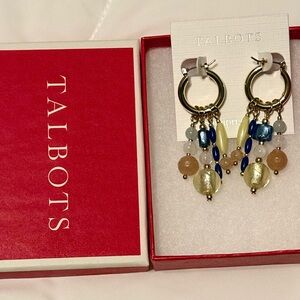 Talbots- Gold, Blue, and Green Cluster Drop Hoop Earrings
